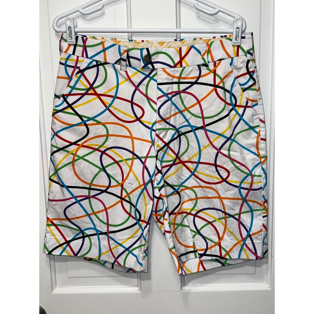 Loudmouth Golf Shorts Mens 32 White Rainbow Squiggle Multi Color Pattern Stretch